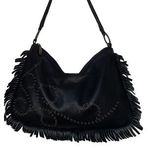 Berge vintage Black leather shoulder handbag w/grommet Fringe Made in Italy EUC